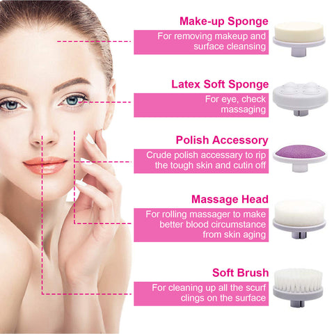 Facial Cleansing Brush Waterproof Face Spin Cleaning Brush with 5 Brush Heads