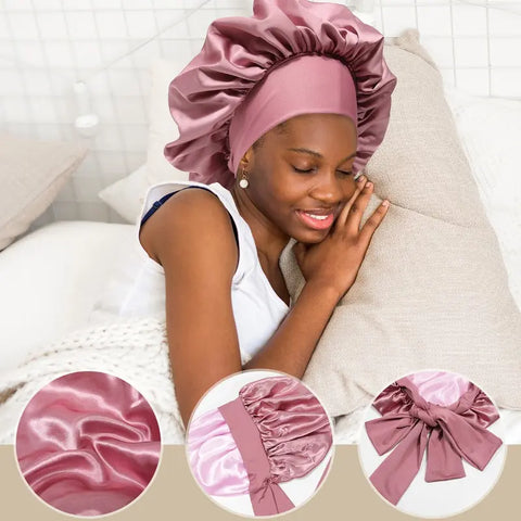 Double Layered Satin Night Caps Hair Care Bonnet Sleeping Hat Shower Caps for Women Nightcap with Elastic Tie Band