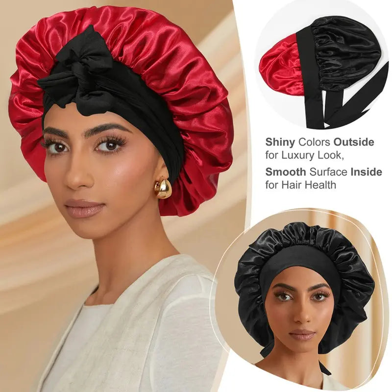 Double Layered Satin Night Caps Hair Care Bonnet Sleeping Hat Shower Caps for Women Nightcap with Elastic Tie Band