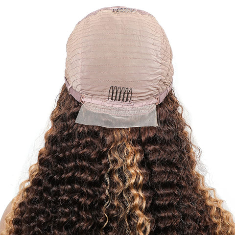 Highlight Human Hair Lace Front Wigs Deep Wave #4/27 Ombre Colored Glueless Wigs Pre Plucked 16 Inch 4X4 Transparent Curly Water Wave Lace Wig Honey Blonde Real Human Hair 180% Density