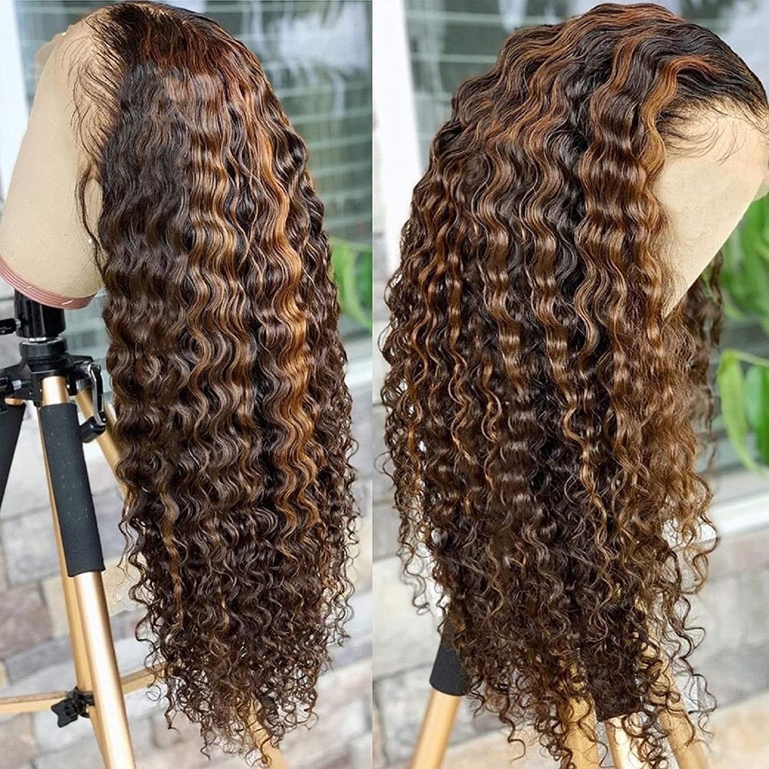 Highlight Human Hair Lace Front Wigs Deep Wave #4/27 Ombre Colored Glueless Wigs Pre Plucked 16 Inch 4X4 Transparent Curly Water Wave Lace Wig Honey Blonde Real Human Hair 180% Density