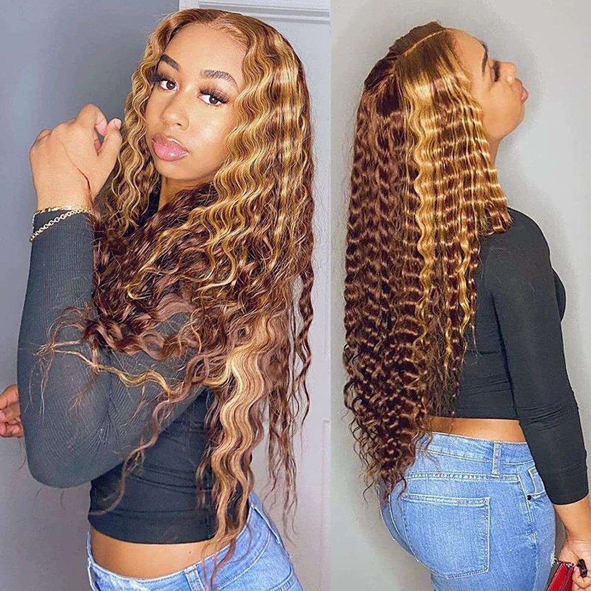 Highlight Human Hair Lace Front Wigs Deep Wave #4/27 Ombre Colored Glueless Wigs Pre Plucked 16 Inch 4X4 Transparent Curly Water Wave Lace Wig Honey Blonde Real Human Hair 180% Density