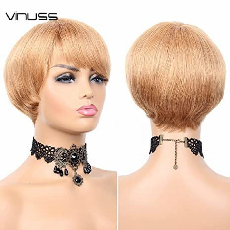 Honey Blonde Pixie Cut Wig Human Hair Short Human Hair Wigs with Bangs Brazilian Virgin Hair 150% Density Glueless Full Machine Made Wig for Black Women Straight 613 6 Inch