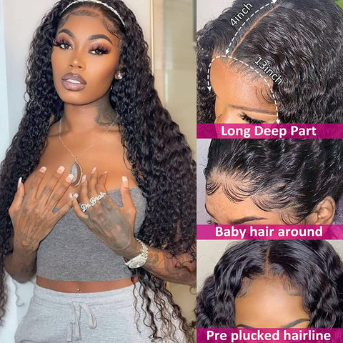 Deep Wave Lace Front Wigs 13X4 HD Lace Frontal Wigs 180% Density Glueless Pre Plucked Hairline with Baby Hair Deep Wave Wig for Women Unprocessed Brazilian Virgin Human Hair Wigs Natural Color 20 Inch