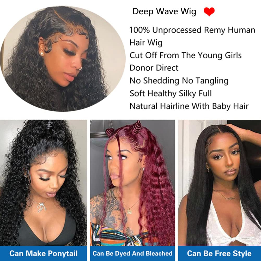 Deep Wave Lace Front Wigs 13X4 HD Lace Frontal Wigs 180% Density Glueless Pre Plucked Hairline with Baby Hair Deep Wave Wig for Women Unprocessed Brazilian Virgin Human Hair Wigs Natural Color 20 Inch