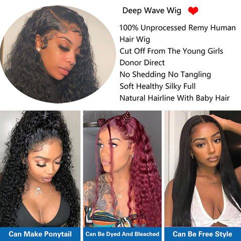 Deep Wave Lace Front Wigs 13X4 HD Lace Frontal Wigs 180% Density Glueless Pre Plucked Hairline with Baby Hair Deep Wave Wig for Women Unprocessed Brazilian Virgin Human Hair Wigs Natural Color 20 Inch