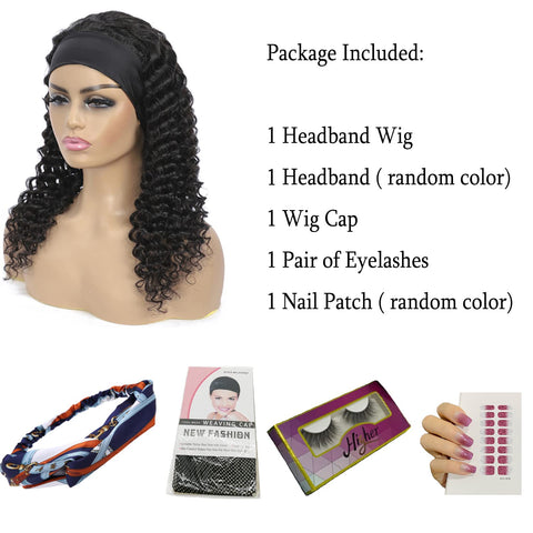 Headband Wig Human Hair Deep Wave 14 Inch Wigs for Black Women Glueless None Lace Front Curly Wave Wig Brazilian Virgin Hair Wear and Go Wigs Machine Made 150% Density Wigs Natural Color