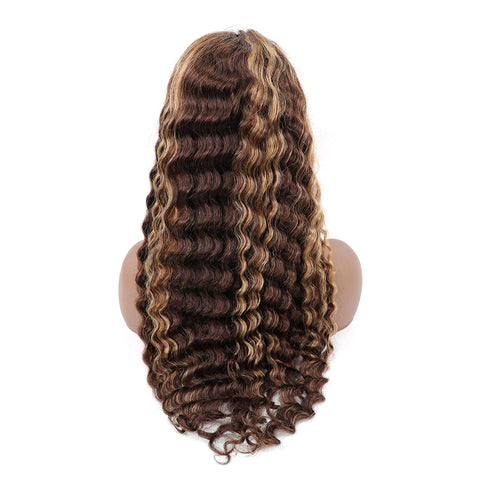 Highlight Human Hair Lace Front Wigs Deep Wave #4/27 Ombre Colored Glueless Wigs Pre Plucked 16 Inch 4X4 Transparent Curly Water Wave Lace Wig Honey Blonde Real Human Hair 180% Density