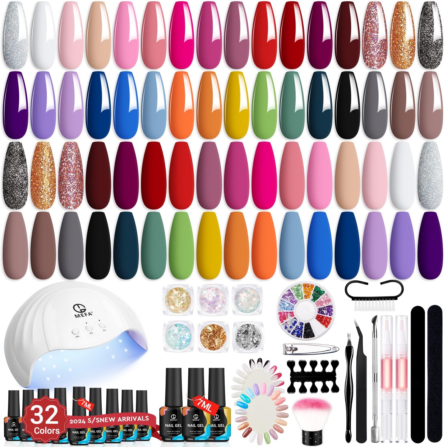 56 Pcs Gel Nail Polish Kit with U V Light, 32 Colors All Seasons Soak off Gel Polish Nail Set with Matte/Glossy Base Top Coat Essential Manicure Tools Nails Art Decorations Salon Easters Gifts