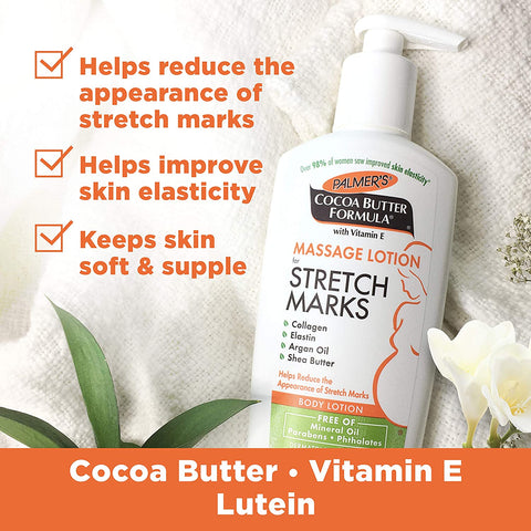 Cocoa Butter Formula Massage Lotion for Stretch Marks, Pregnancy Skin Care, Belly Cream with Collagen, Elastin, Argan Oil and Shea Butter, 8.5 Ounces