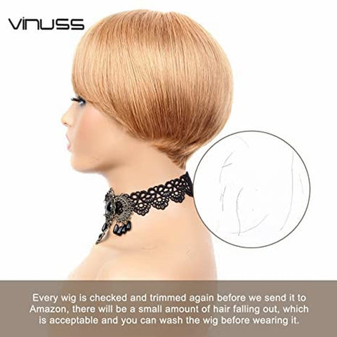 Honey Blonde Pixie Cut Wig Human Hair Short Human Hair Wigs with Bangs Brazilian Virgin Hair 150% Density Glueless Full Machine Made Wig for Black Women Straight 613 6 Inch