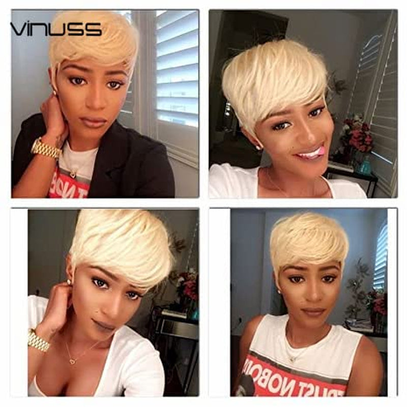 Honey Blonde Pixie Cut Wig Human Hair Short Human Hair Wigs with Bangs Brazilian Virgin Hair 150% Density Glueless Full Machine Made Wig for Black Women Straight 613 6 Inch