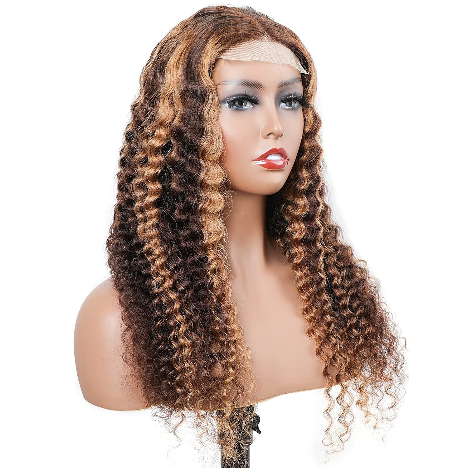 Highlight Human Hair Lace Front Wigs Deep Wave #4/27 Ombre Colored Glueless Wigs Pre Plucked 16 Inch 4X4 Transparent Curly Water Wave Lace Wig Honey Blonde Real Human Hair 180% Density