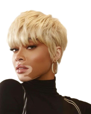 Honey Blonde Pixie Cut Wig Human Hair Short Human Hair Wigs with Bangs Brazilian Virgin Hair 150% Density Glueless Full Machine Made Wig for Black Women Straight 613 6 Inch