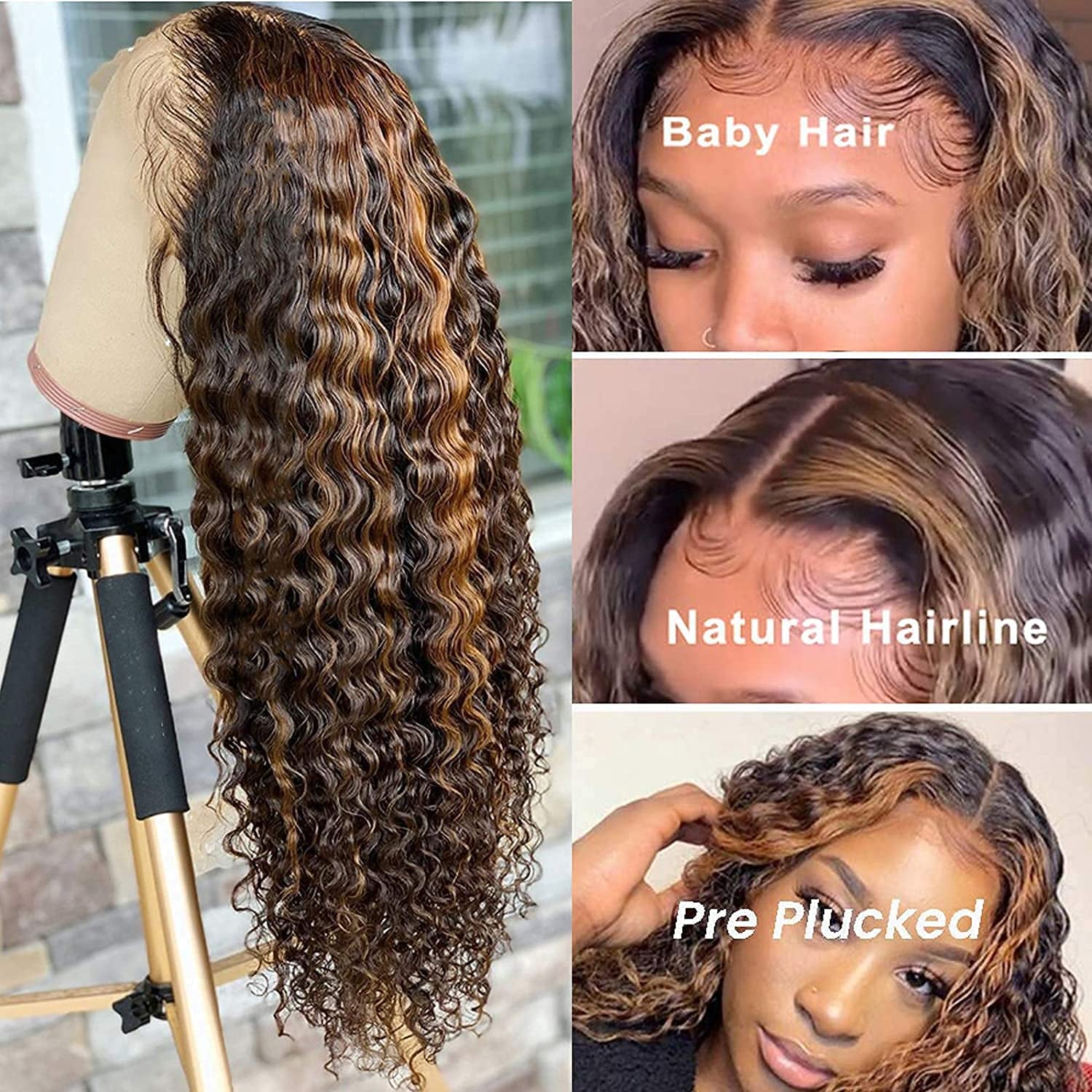 Highlight Human Hair Lace Front Wigs Deep Wave #4/27 Ombre Colored Glueless Wigs Pre Plucked 16 Inch 4X4 Transparent Curly Water Wave Lace Wig Honey Blonde Real Human Hair 180% Density